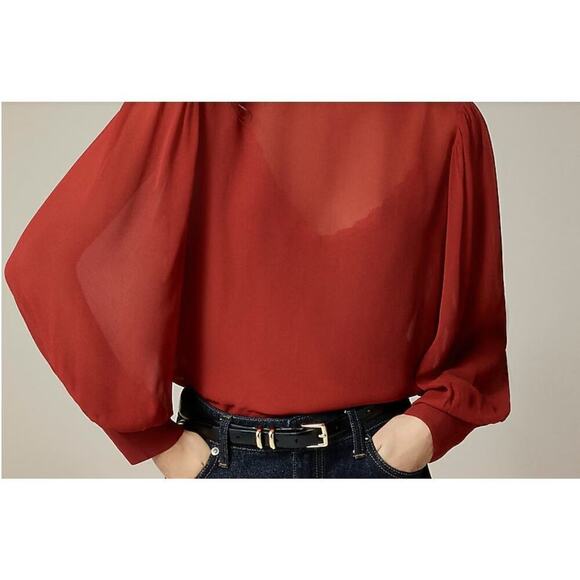 J.Crew Womens Ruffleneck Top Medium Red Chiffon Whimsigoth Sheer Classic Office - Picture 3 of 14